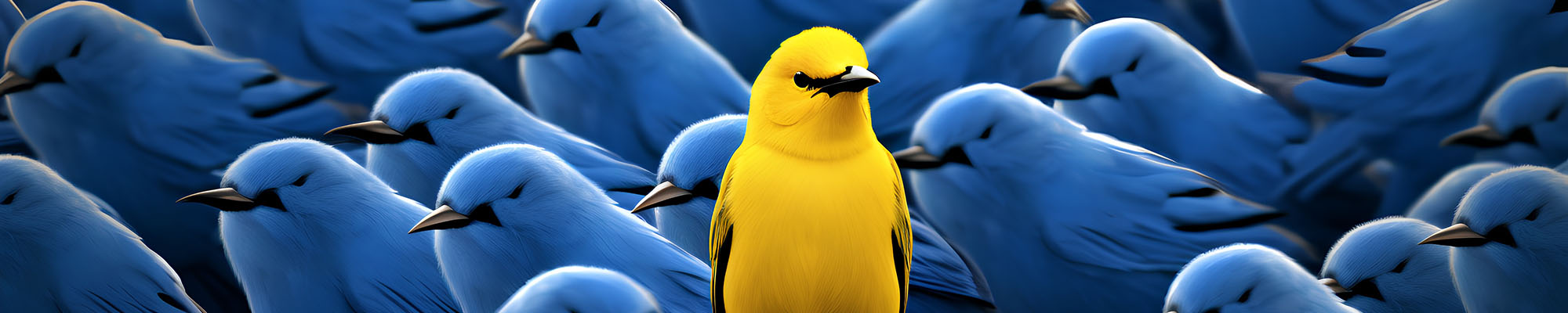Group of blue birds with yellow bird in middle