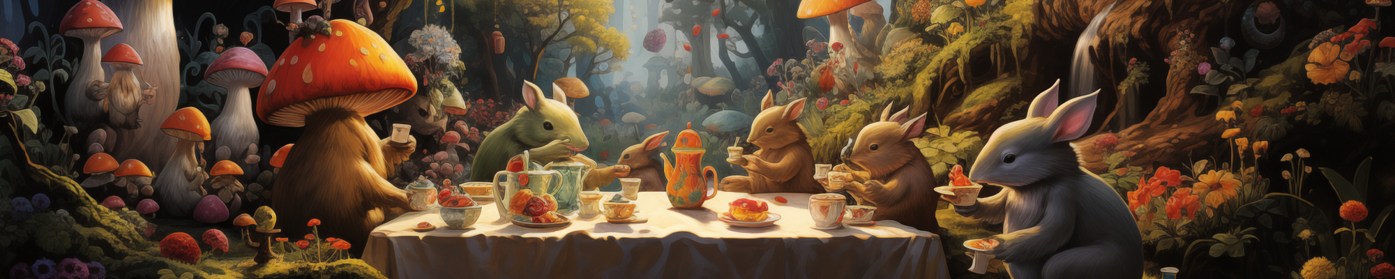 forest plants and animals at tea party