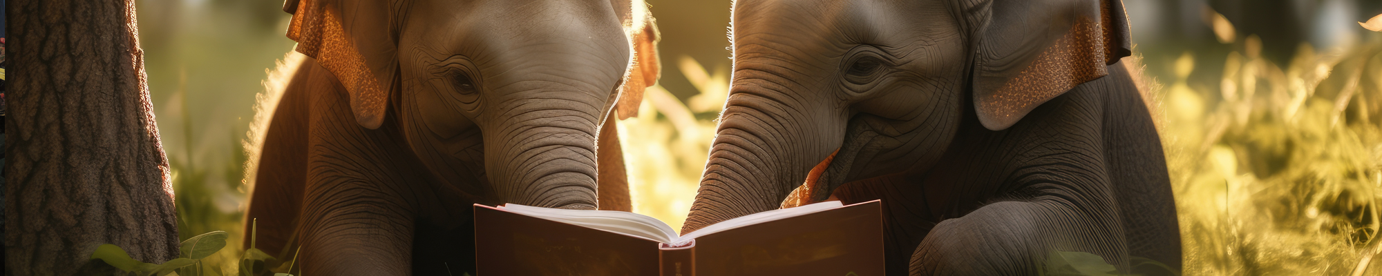 two elephants reading under a tree